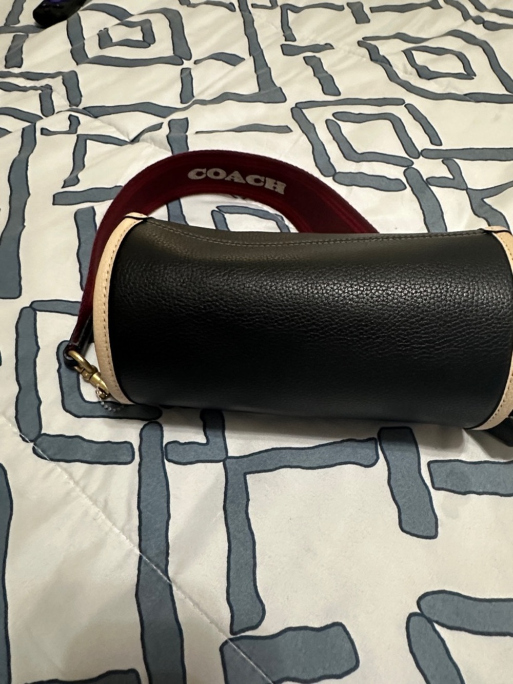COACH Black Mini Barrel Bag with Red Strap and Cream Trim - Picture 4 of 7